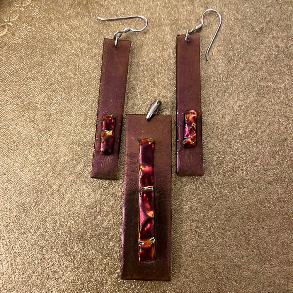 Handmade Art Glass Matching Bronze Earrings and Pendant